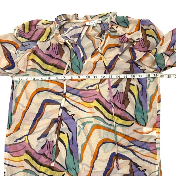 THML Abstract Multicolor Sheer Ruffle Blouse Tie Neck Long Sleeve Women’s Small - Picture 6 of 8